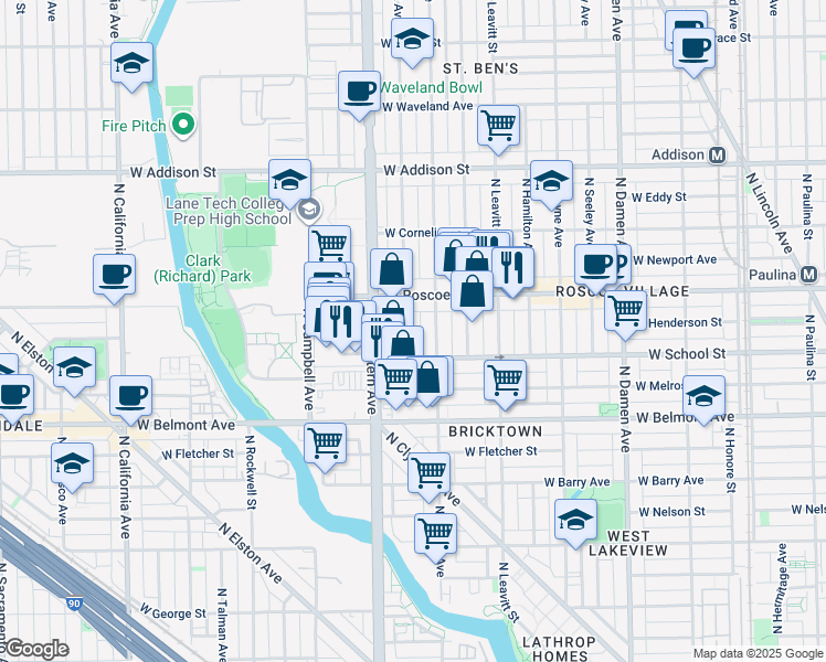 map of restaurants, bars, coffee shops, grocery stores, and more near 3300 North Claremont Avenue in Chicago