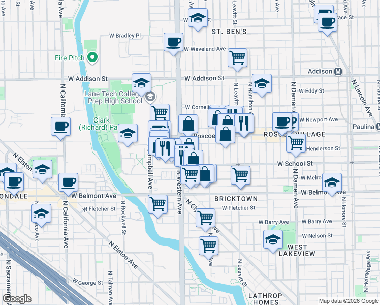 map of restaurants, bars, coffee shops, grocery stores, and more near 3300 North Claremont Avenue in Chicago