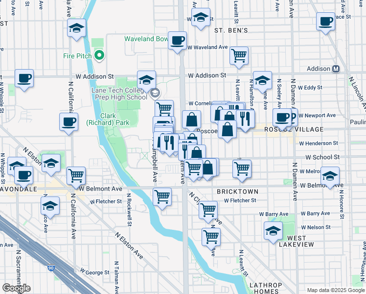 map of restaurants, bars, coffee shops, grocery stores, and more near 3312 North Western Avenue in Chicago