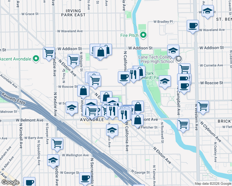 map of restaurants, bars, coffee shops, grocery stores, and more near 3276 North California Avenue in Chicago