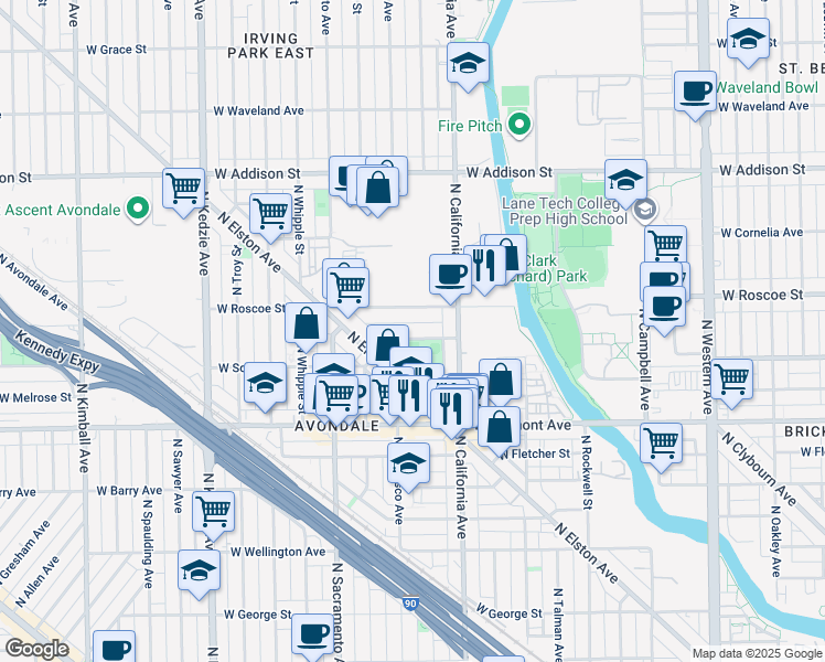 map of restaurants, bars, coffee shops, grocery stores, and more near 3276 North California Avenue in Chicago
