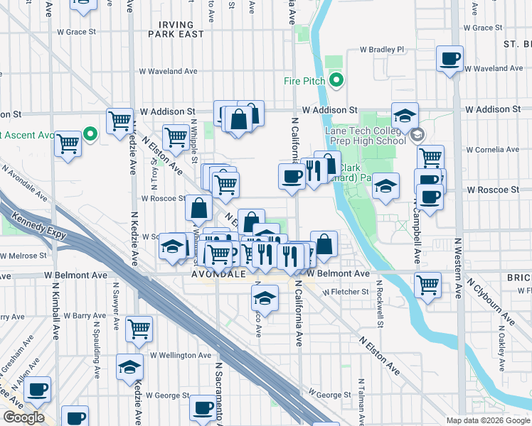 map of restaurants, bars, coffee shops, grocery stores, and more near 2900 West Henderson Street in Chicago