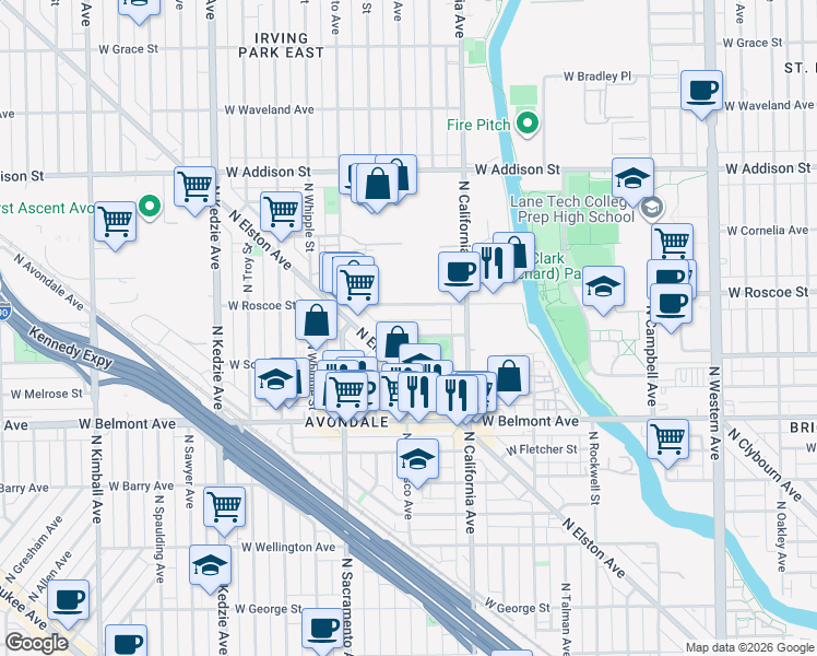map of restaurants, bars, coffee shops, grocery stores, and more near 2900 West Henderson Street in Chicago