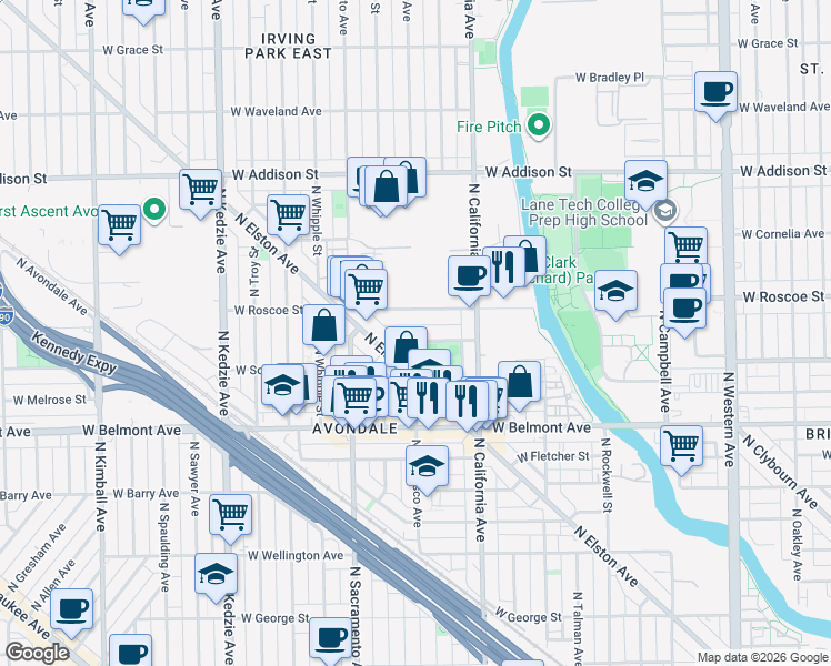 map of restaurants, bars, coffee shops, grocery stores, and more near 2900 West Henderson Street in Chicago