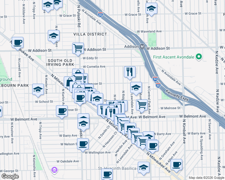 map of restaurants, bars, coffee shops, grocery stores, and more near 3314 Alley in Chicago