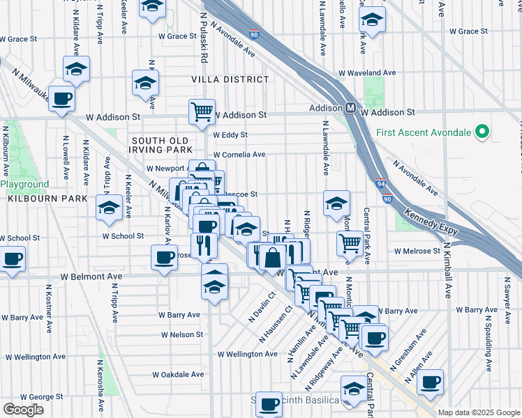 map of restaurants, bars, coffee shops, grocery stores, and more near 3315 North Springfield Avenue in Chicago