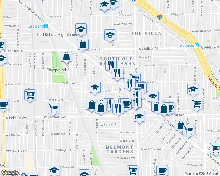 map of restaurants, bars, coffee shops, grocery stores, and more near 4121 West Henderson Street in Chicago