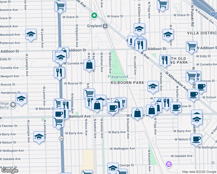 map of restaurants, bars, coffee shops, grocery stores, and more near 3325 North Kilbourn Avenue in Chicago