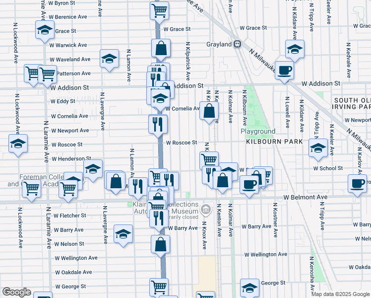 map of restaurants, bars, coffee shops, grocery stores, and more near 3326 North Keating Avenue in Chicago