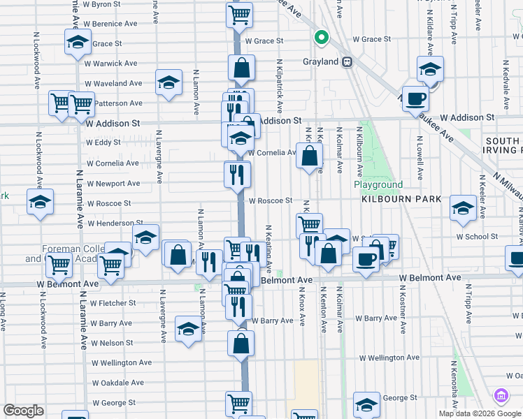 map of restaurants, bars, coffee shops, grocery stores, and more near 3326 North Keating Avenue in Chicago