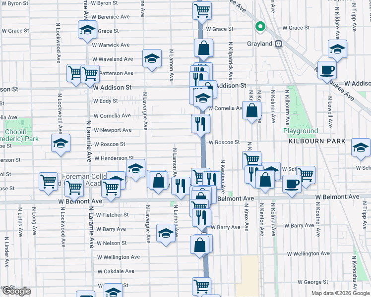 map of restaurants, bars, coffee shops, grocery stores, and more near 4834 West Henderson Street in Chicago