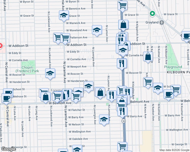 map of restaurants, bars, coffee shops, grocery stores, and more near 4960 West Henderson Street in Chicago