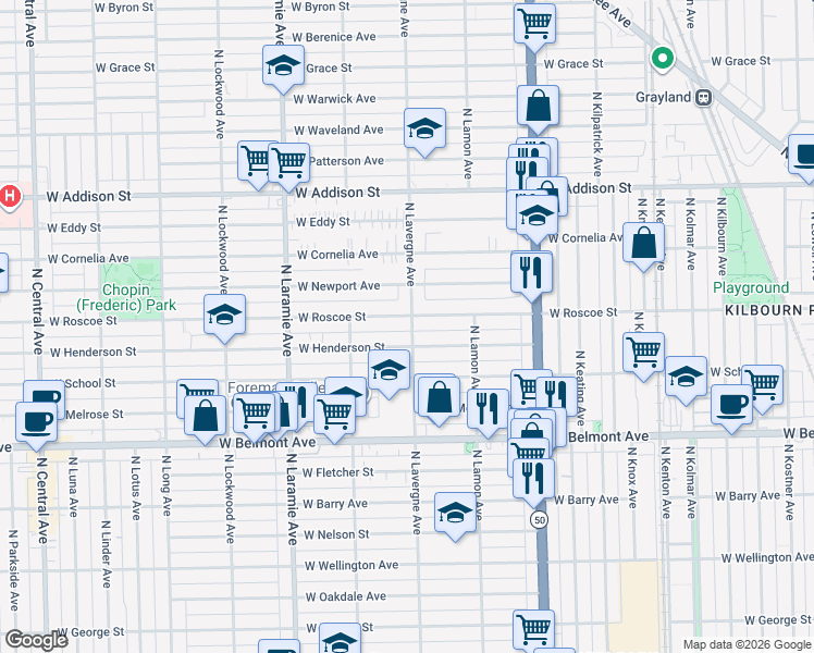 map of restaurants, bars, coffee shops, grocery stores, and more near 4960 West Henderson Street in Chicago