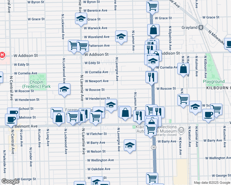 map of restaurants, bars, coffee shops, grocery stores, and more near 4960 West Henderson Street in Chicago