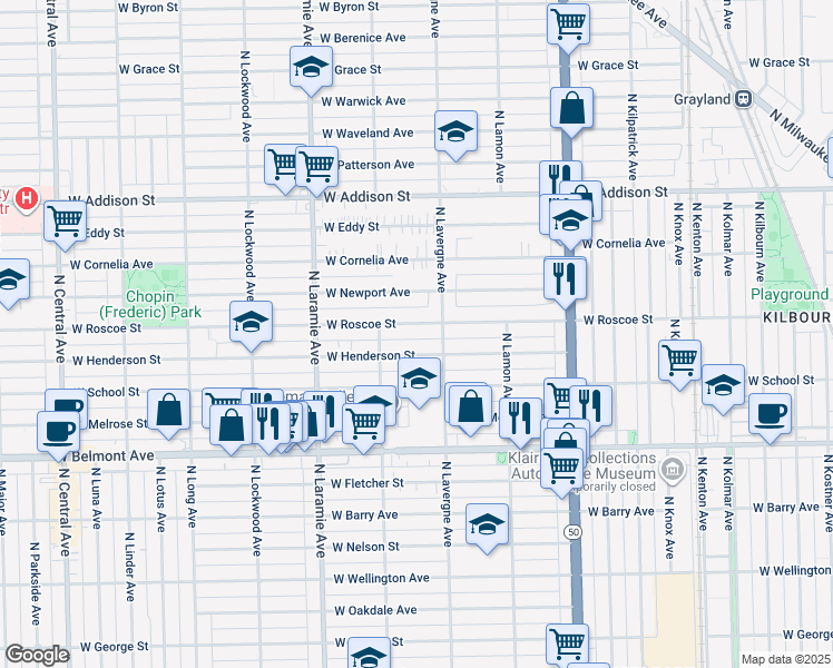 map of restaurants, bars, coffee shops, grocery stores, and more near 5029 West Henderson Street in Chicago