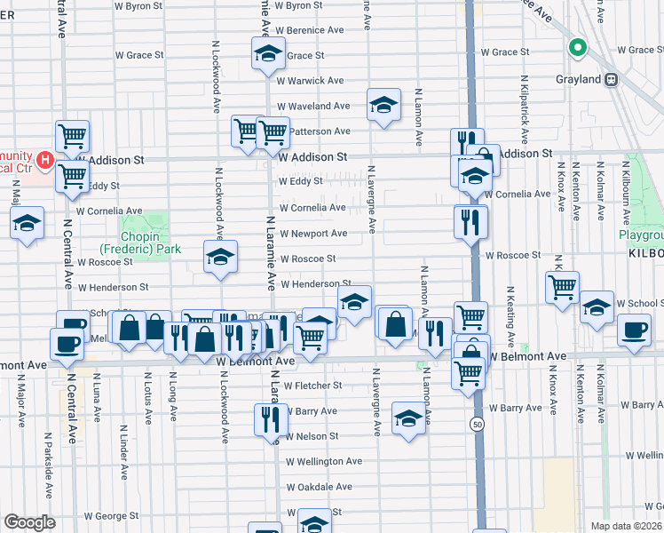 map of restaurants, bars, coffee shops, grocery stores, and more near 5104 West Henderson Street in Chicago