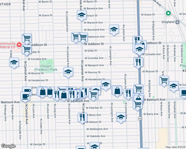 map of restaurants, bars, coffee shops, grocery stores, and more near 5104 West Henderson Street in Chicago