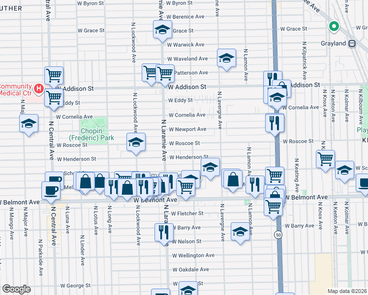 map of restaurants, bars, coffee shops, grocery stores, and more near 5104 West Henderson Street in Chicago