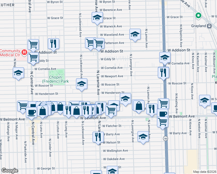 map of restaurants, bars, coffee shops, grocery stores, and more near 5140 West Henderson Street in Chicago