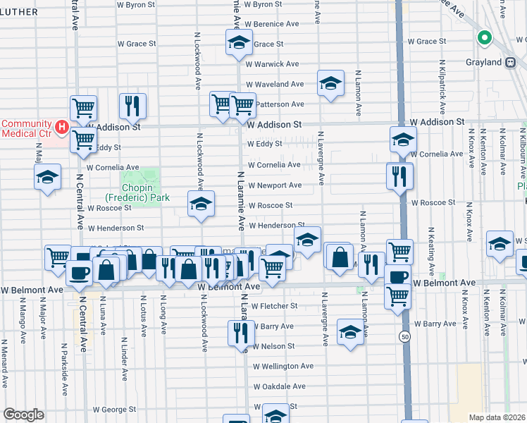 map of restaurants, bars, coffee shops, grocery stores, and more near 5140 West Henderson Street in Chicago