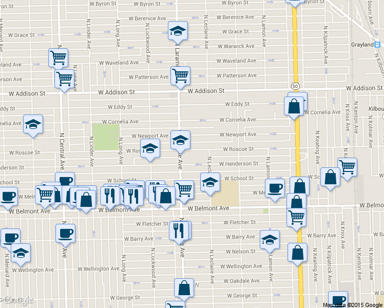 map of restaurants, bars, coffee shops, grocery stores, and more near 5140 West Henderson Street in Chicago