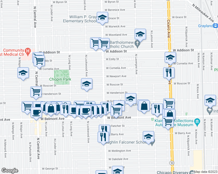 map of restaurants, bars, coffee shops, grocery stores, and more near 5140 West Henderson Street in Chicago