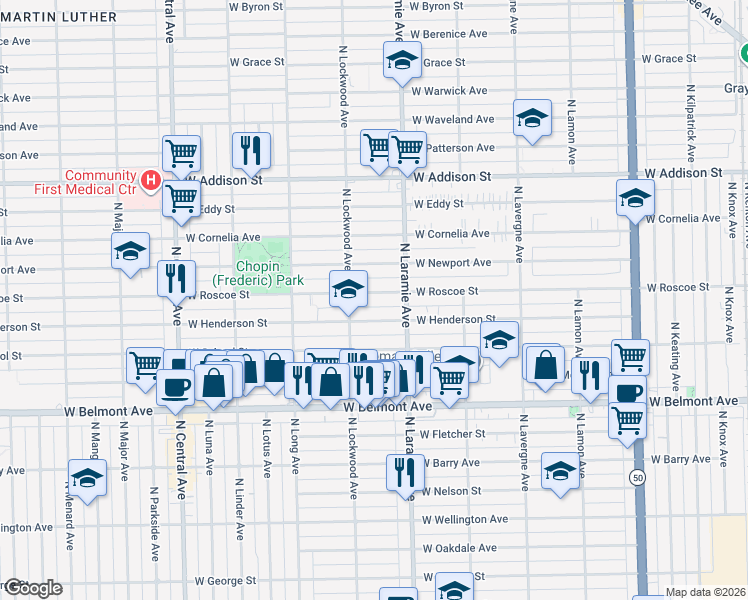 map of restaurants, bars, coffee shops, grocery stores, and more near 5216 West Henderson Street in Chicago