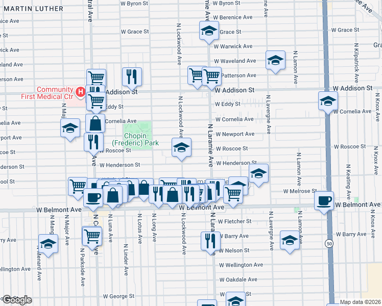 map of restaurants, bars, coffee shops, grocery stores, and more near 5258 West Henderson Street in Chicago