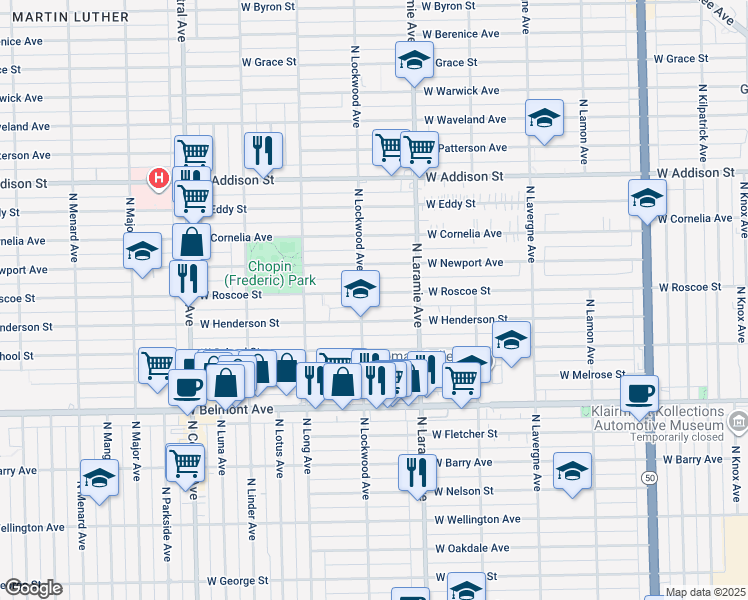 map of restaurants, bars, coffee shops, grocery stores, and more near 5258 West Henderson Street in Chicago