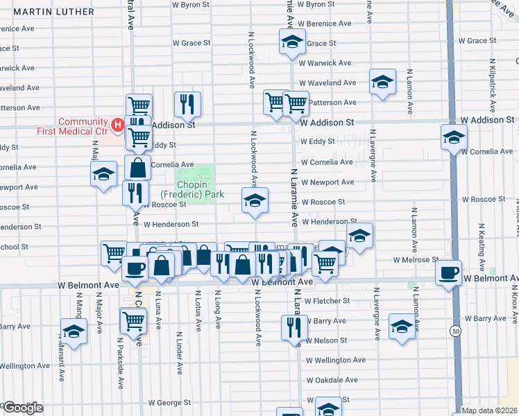 map of restaurants, bars, coffee shops, grocery stores, and more near 5258 West Henderson Street in Chicago