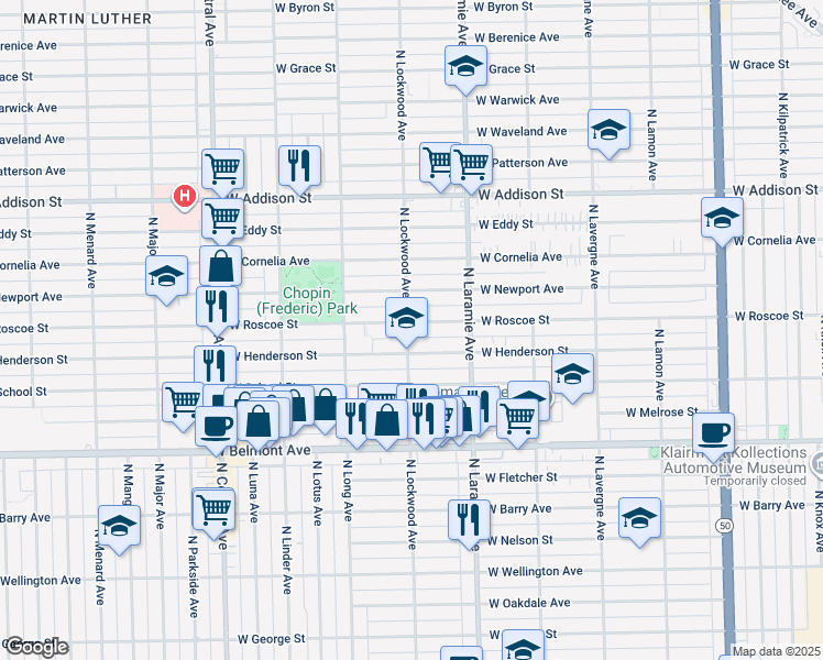map of restaurants, bars, coffee shops, grocery stores, and more near 5258 West Henderson Street in Chicago