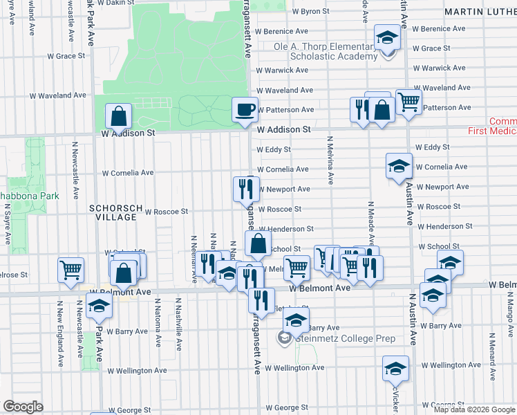 map of restaurants, bars, coffee shops, grocery stores, and more near 3347 North Narragansett Avenue in Chicago