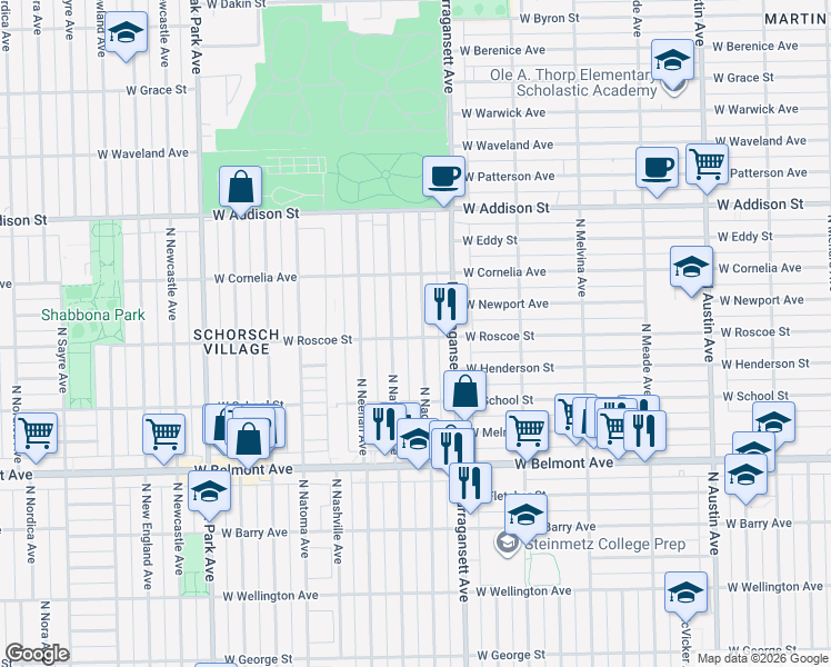 map of restaurants, bars, coffee shops, grocery stores, and more near 3350 North Nagle Avenue in Chicago