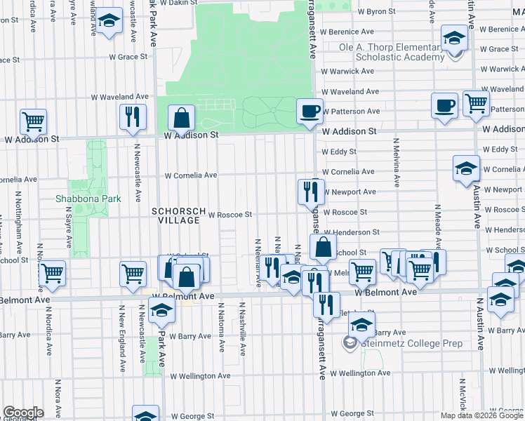 map of restaurants, bars, coffee shops, grocery stores, and more near 3350 North Natchez Avenue in Chicago