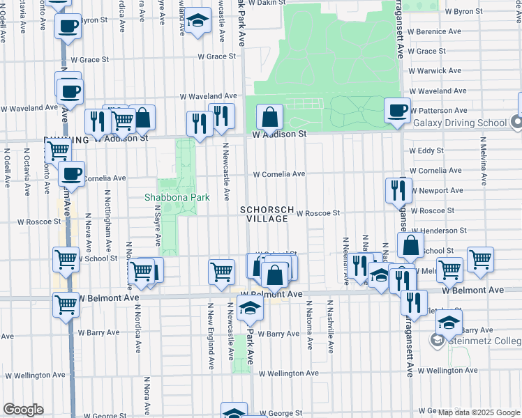 map of restaurants, bars, coffee shops, grocery stores, and more near 3350 North Rutherford Avenue in Chicago