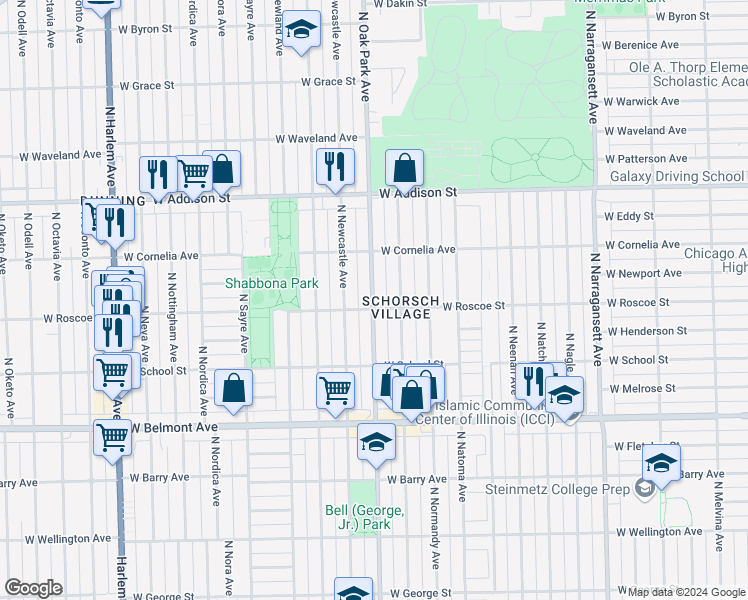 map of restaurants, bars, coffee shops, grocery stores, and more near 3355 North Newcastle Avenue in Chicago