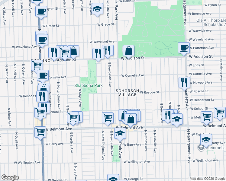 map of restaurants, bars, coffee shops, grocery stores, and more near 3355 North Newcastle Avenue in Chicago