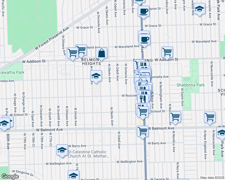 map of restaurants, bars, coffee shops, grocery stores, and more near 3401 North Oketo Avenue in Chicago