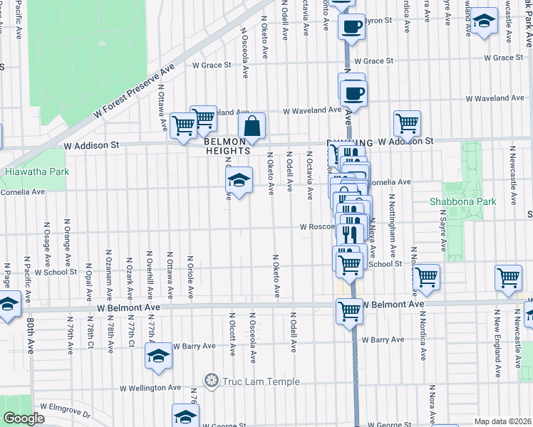 map of restaurants, bars, coffee shops, grocery stores, and more near 3401 North Oketo Avenue in Chicago