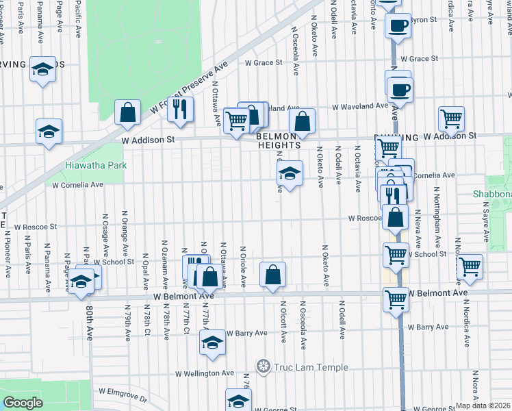 map of restaurants, bars, coffee shops, grocery stores, and more near 3404 North Oleander Avenue in Chicago