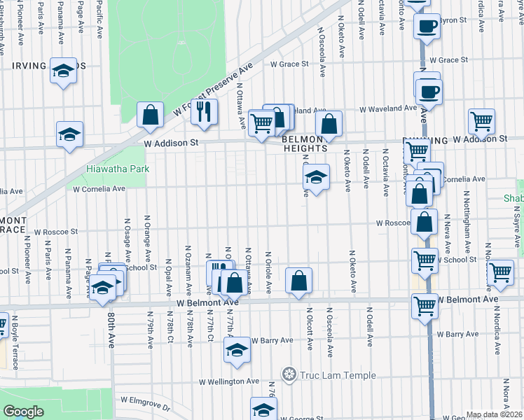map of restaurants, bars, coffee shops, grocery stores, and more near 7620 West Roscoe Street in Chicago