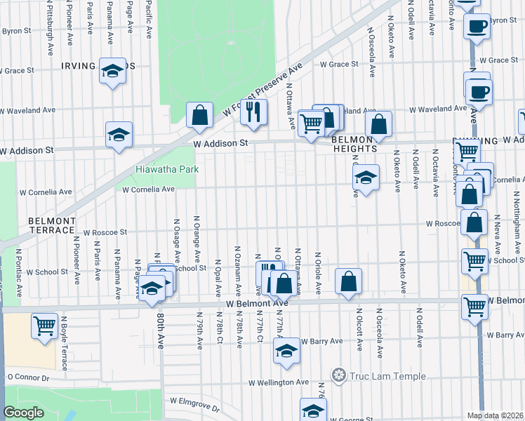 map of restaurants, bars, coffee shops, grocery stores, and more near 3400 North Ozark Avenue in Chicago