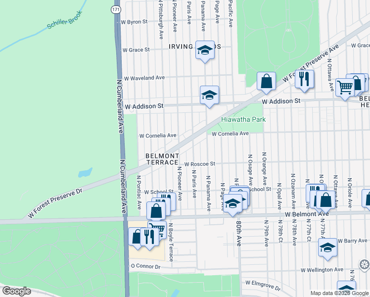 map of restaurants, bars, coffee shops, grocery stores, and more near 3411 North Pioneer Avenue in Chicago
