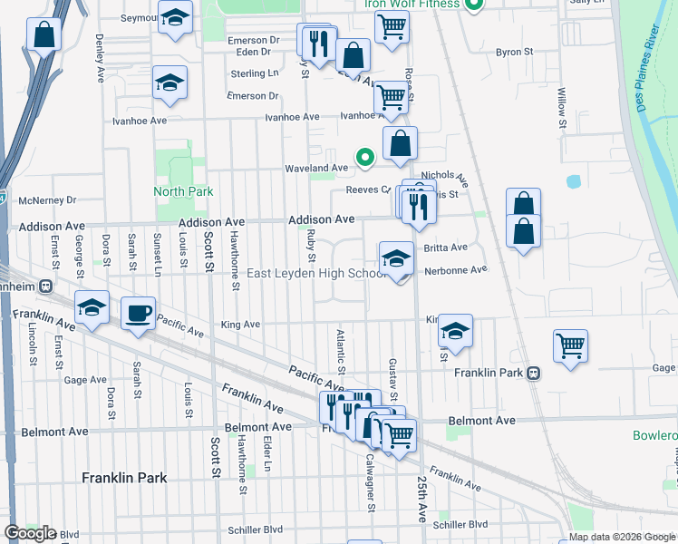 map of restaurants, bars, coffee shops, grocery stores, and more near 3432 Lonnquist Drive in Franklin Park