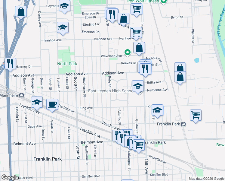 map of restaurants, bars, coffee shops, grocery stores, and more near 3432 Lonnquist Drive in Franklin Park