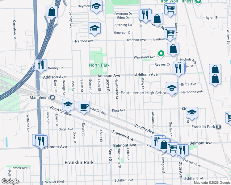map of restaurants, bars, coffee shops, grocery stores, and more near 3434 Hawthorne Street in Franklin Park