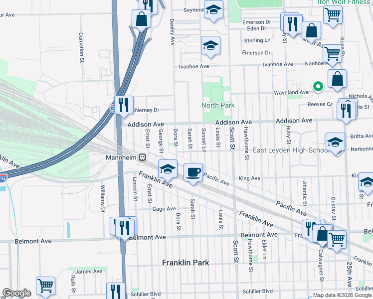 map of restaurants, bars, coffee shops, grocery stores, and more near 3439 Sarah Street in Franklin Park
