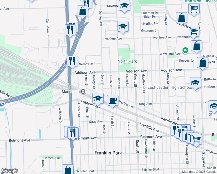map of restaurants, bars, coffee shops, grocery stores, and more near 3439 Sarah Street in Franklin Park
