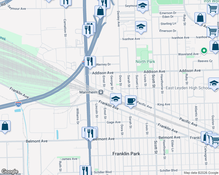 map of restaurants, bars, coffee shops, grocery stores, and more near 10255 Pacific Avenue in Franklin Park