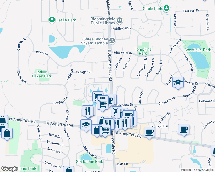 map of restaurants, bars, coffee shops, grocery stores, and more near 194 South Waters Edge Drive in Glendale Heights
